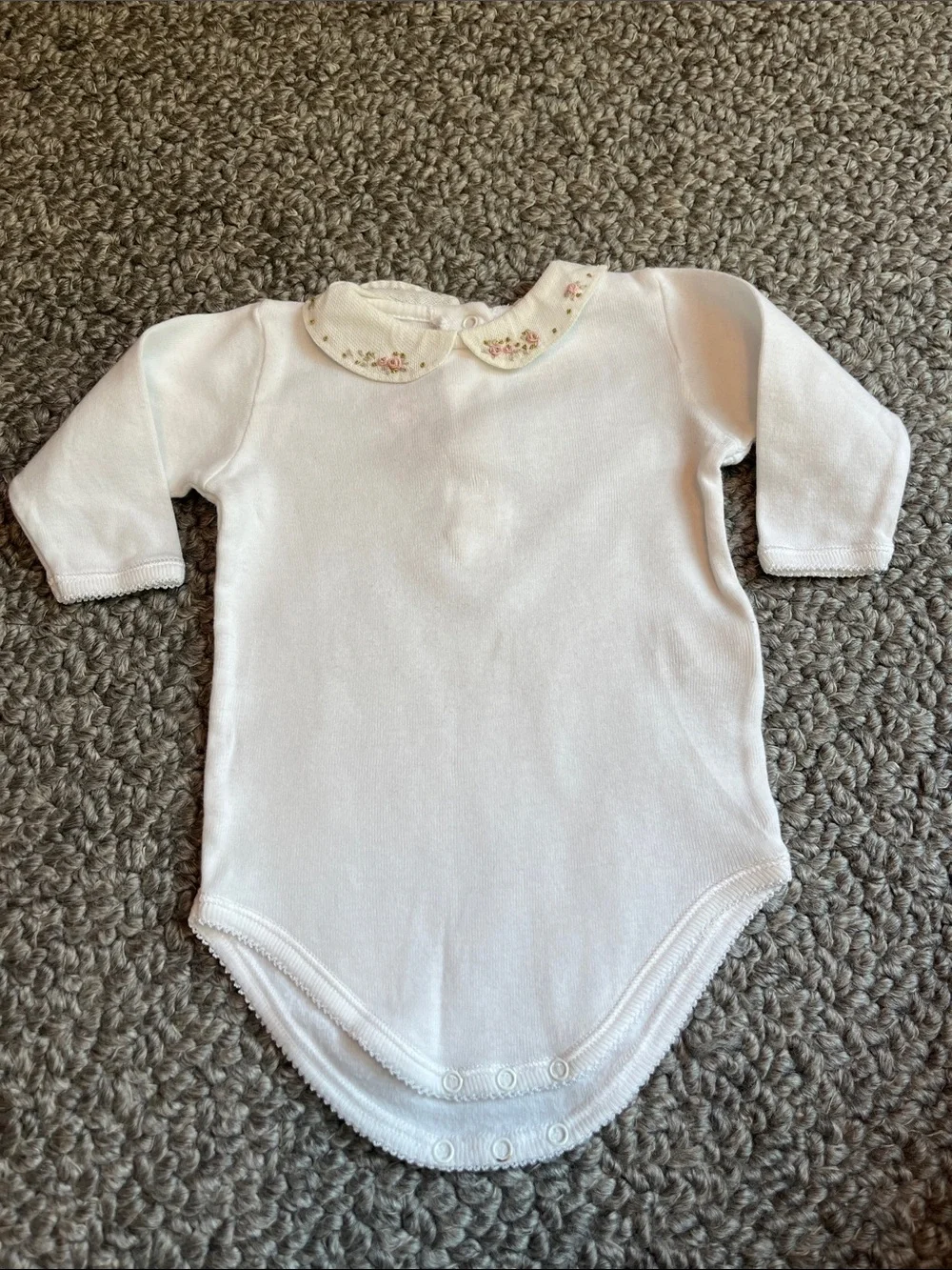 Bonpoint Classic White Baby One-Piece with Floral Peter Pan Collar
